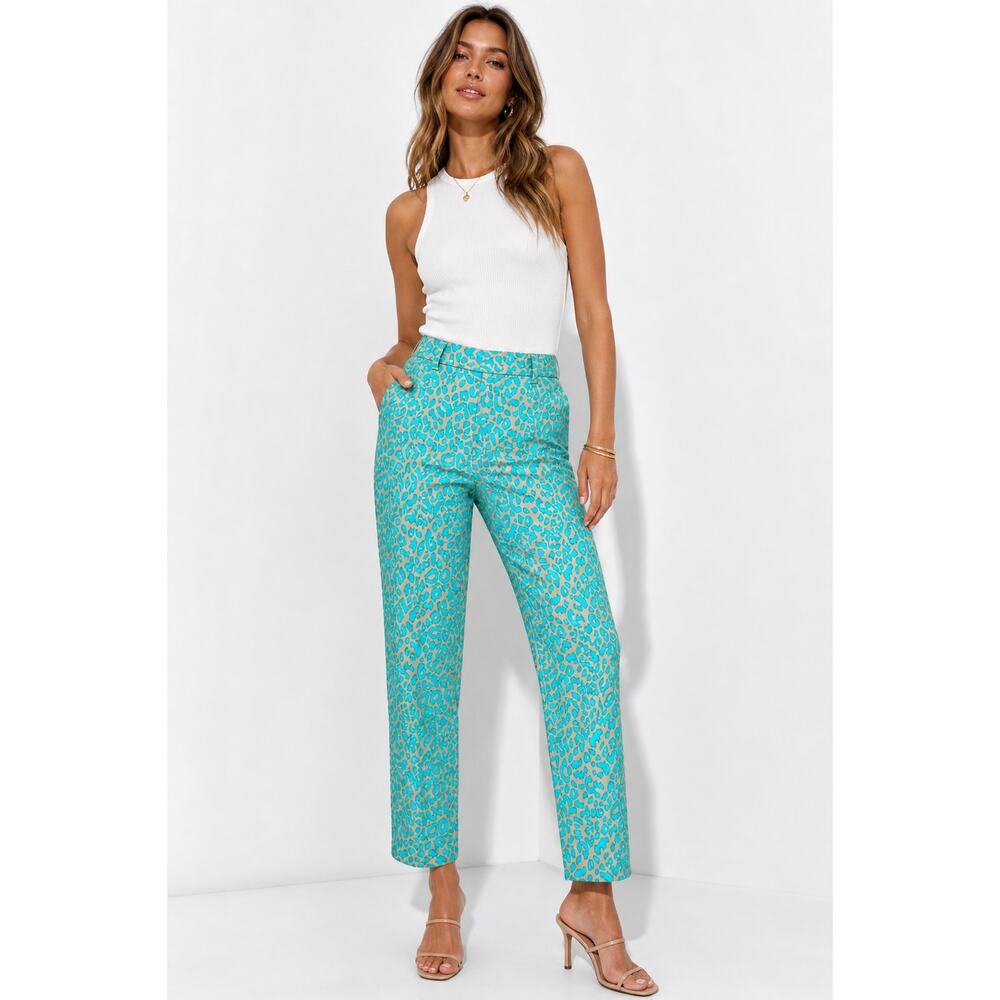 Turquoise Leopard Print Pants Women’s Straight Leg Statement Size 11 Trendy Fun